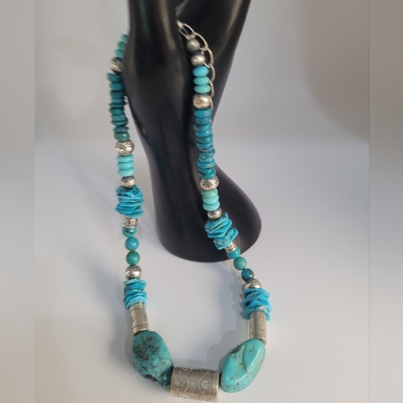 Genuine Turquoise and Silver Beaded Necklace Adjustable Length. OS - Picture 4 of 6